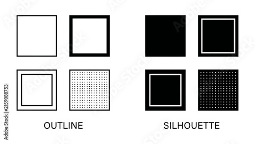 Outline and Silhouette Square Icons: A set of four square icons, divided into Outline and Silhouette categories, showcasing variations in linework and fill.