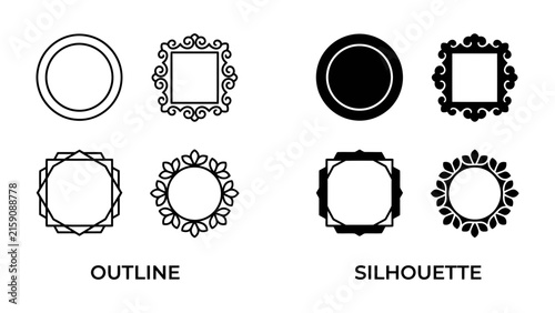 Decorative Frames and Borders Collection: A set of ornamental frames and borders, presented in both outline and silhouette styles, showcasing various elegant designs perfect for invitations.