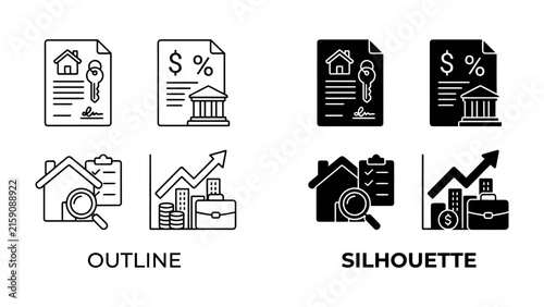 Real Estate Business Icons: A set of outline and silhouette icons representing real estate, finance, and business growth. Features include a house, key, contract, bank, coins, briefcase.