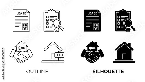 Real Estate Icons Set: A collection of graphic symbols representing key aspects of property transactions, including lease agreements, property inspection, and sale.
