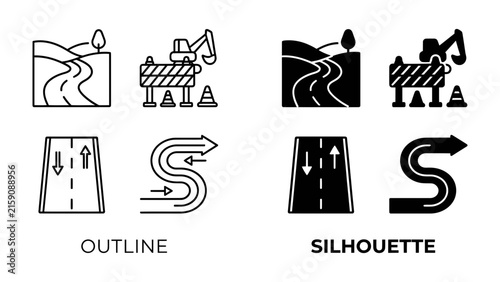 Roadwork and Traffic Flow Icons: A collection of graphic icons illustrating road construction, diversions, and traffic flow, presented in both outline and silhouette styles.