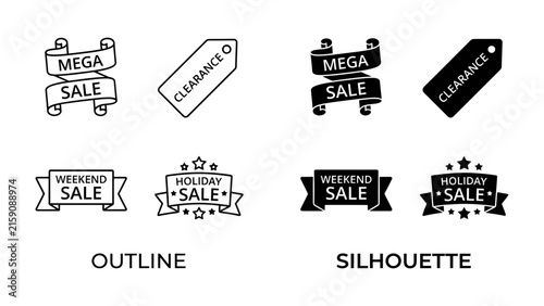 Sale and Clearance Labels: A collection of stylized labels and ribbons indicating sales and clearances, presented in both outline and silhouette formats for versatile design use.