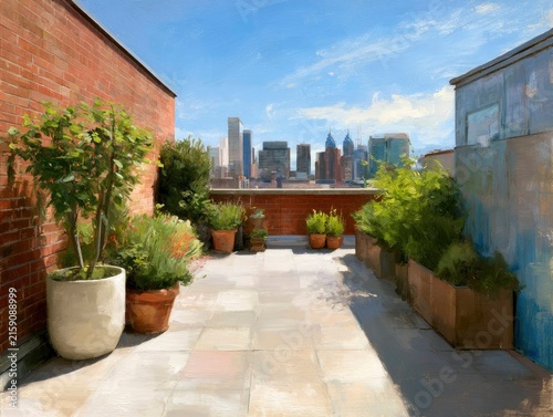 Urban rooftop garden with potted plants and city skyline view in daylight