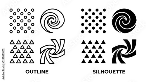 Graphic Design Elements: A collection of stylized graphic design elements showcasing geometric shapes and abstract forms in both outline and silhouette versions, perfect for creative projects.