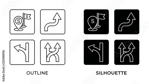 Navigation Icons: A collection of minimalist vector icons representing navigation, direction, and pathfinding, presented in both outline and silhouette styles.