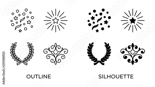 Celebration Icon Set: A collection of graphic elements featuring stars, confetti, laurel wreaths, and decorative motifs presented in both outline and silhouette styles.