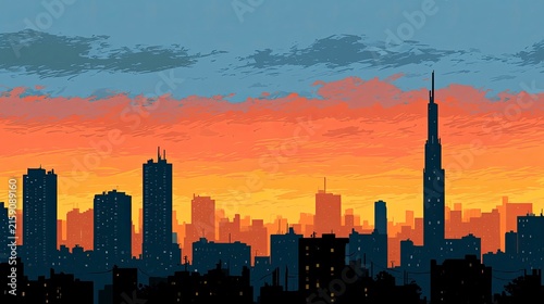 Breathtaking City Skyline at Sunset Featuring Tall Skyscrapers and Vibrant Sky