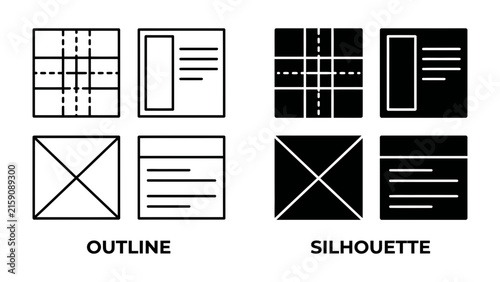 Layout Design Variations: Two distinct sets of layout design icons, one labeled Outline and the other Silhouette.