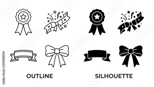 Award Ribbon and Bow Icons: A set of graphic design elements featuring award ribbons and bows in both outline and silhouette styles, perfect for celebratory or achievement-themed projects.