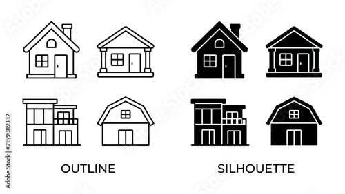 Various House Icons: A collection of house icons presented in both outline and silhouette styles, showcasing different architectural designs including cottages and multi-story homes.