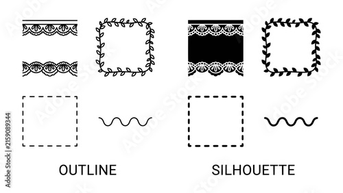 Decorative Borders and Frames: A collection of elegant graphic elements featuring delicate lace patterns and ornate leaf-inspired borders, presented in both outline and silhouette styles.