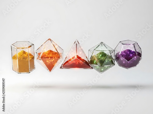 Floating geometric glass containers filled with colorful glowing spice powders represent futuristic laboratory alchemy for science.