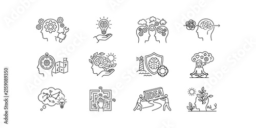 Mental health psychology brain concept icon set problem solving mindfulness intelligence idea maze growth vector line art.