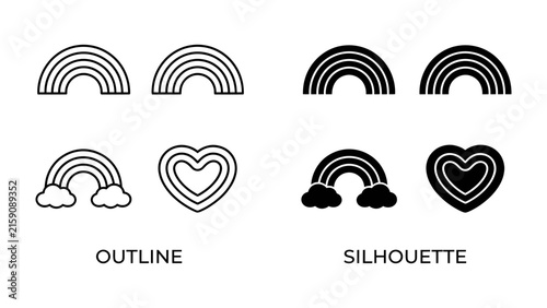 Rainbow and Heart Icon Set: A graphic collection of stylized rainbows and heart shapes, presented in both outline and silhouette formats, symbolizing hope and love.
