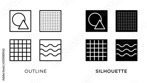 Graphic Elements: A visual presentation showcasing a grid of graphic design elements in both outline and silhouette formats, including geometric shapes and wave patterns, suitable for design projects.