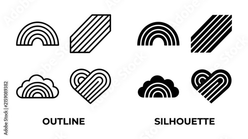 Abstract Graphic Elements: A collection of modern graphic symbols, including rainbow-inspired arcs, cloud shapes, and heart outlines and silhouettes, presented in a clean, contemporary style.
