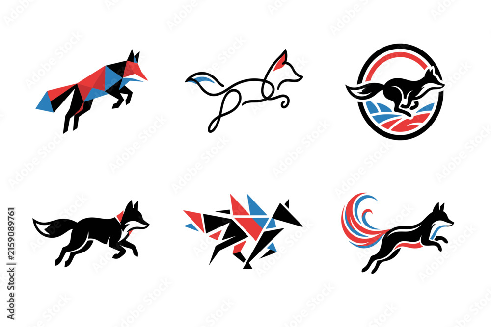 Obraz premium Modern Fox Logo Collection Featuring Geometric, Minimal Line, Abstract, and Dynamic Animal Emblems for Branding, Sports, and Creative Identity