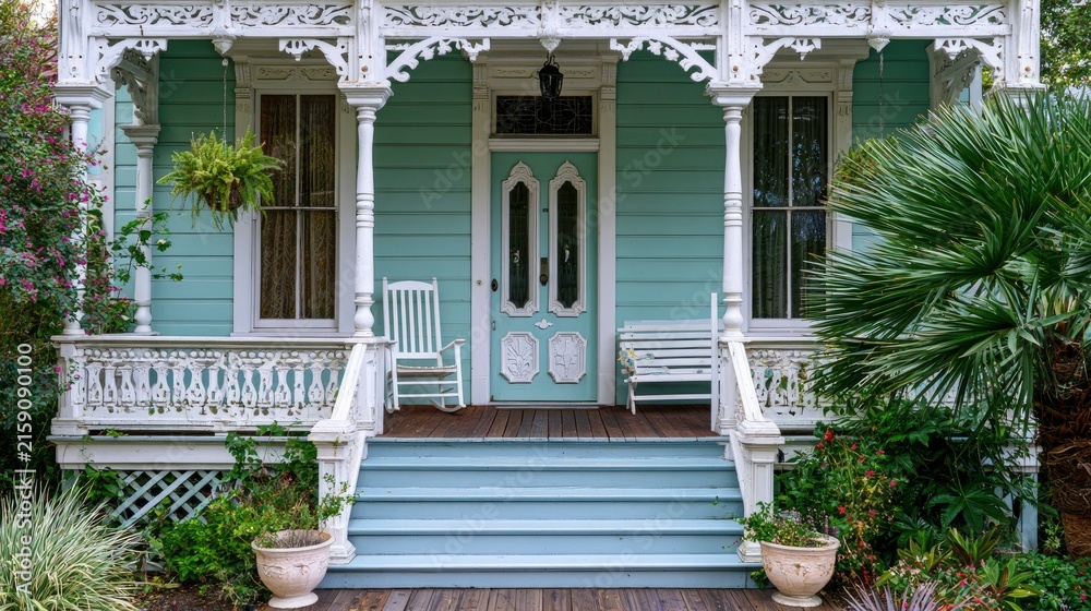 Naklejka premium Charming Victorian Style House Exterior with Wrap-Around Porch and Garden