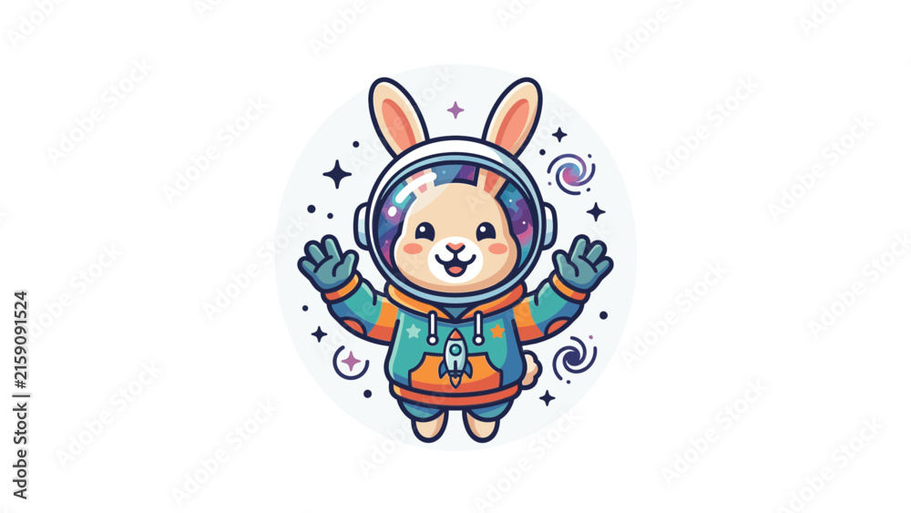 Fototapeta premium Astronaut rabbit character in space suit inside circular frame.
