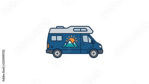 Blue camper van icon with a mountain and sun graphic.