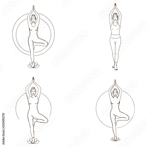 Minimalist Yoga Pose Line Art Set of Woman Practicing Tree Pose and Mountain Pose