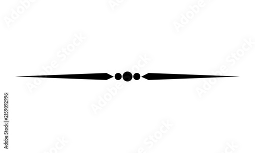 black horizontal line ornament with pointed ends and three small circles in middle representing symmetry ornate decoration or textual separator elegant decorative flourish isolated.
