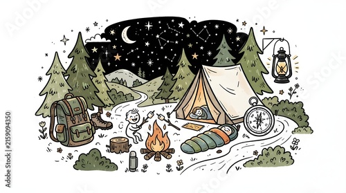 Whimsical hand-drawn illustration of a cozy winter camping scene at night, featuring a tent, warm campfire, sleeping bags, pine trees, snow-covered ground, and a starry sky with a crescent moon. The s