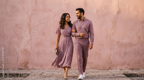 Couple walking together in matching mauve outfits against a textured pink wall background