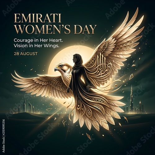 Emirati womens day celebration poster with powerful conceptual celebration falcon against glowing