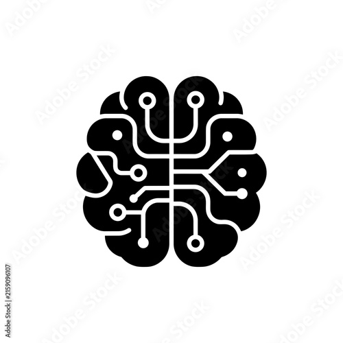 Black silhouette of a human brain featuring integrated circuit board lines and connection nodes on a white background