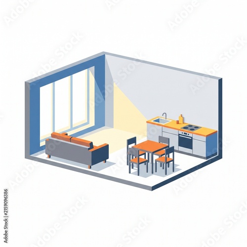 Isometric minimalist studio apartment interior with kitchen dining area and sunny window view