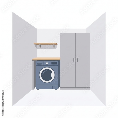 Modern minimalist laundry room illustration with washing machine and tall storage cabinet