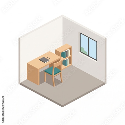 Isometric view of a minimalist home office with wooden desk, chair, and bookshelf near a window.