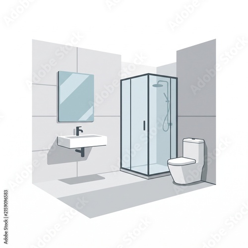 Modern minimalist white bathroom interior with glass shower cabin sink and toilet illustration