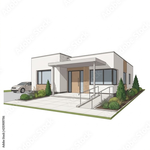 Modern minimalist house illustration with accessibility ramp and car on white background