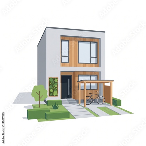 Modern two story house illustration with wood panels and a bicycle parked under a pergola.