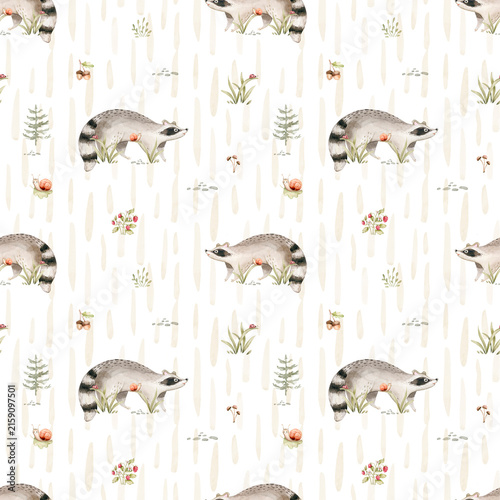 Watercolor seamless pattern of cute baby raccoon animal. Woodland nursery illustration for children wallpaper, textile and fabric pattern. watercolour forest drawing