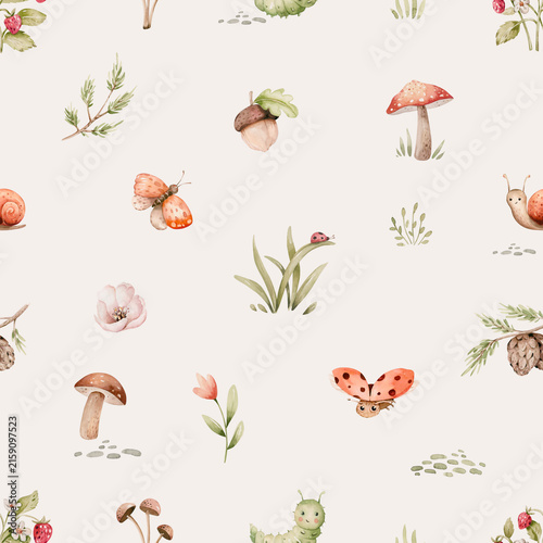 Whimsical Woodland Pattern with charming and delicate seamless pattern featuring soft color mushrooms, sprigs of foliage, and tiny berries, creating a whimsical woodland scene
