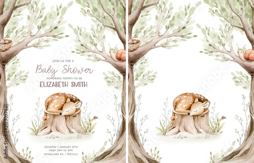 Watercolor cute baby bear and woodland nursery ready for use baby shower invitation party elements illustration for children with stump and acorn forest drawing with floral elements. 
