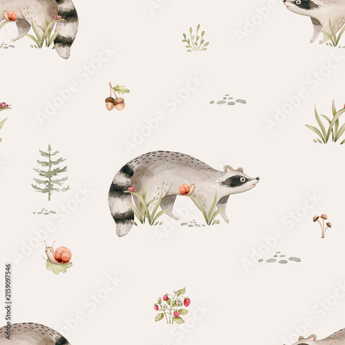 Watercolor seamless pattern of cute baby raccoon animal. Woodland nursery illustration for children wallpaper, textile and fabric pattern. watercolour forest drawing for baby 