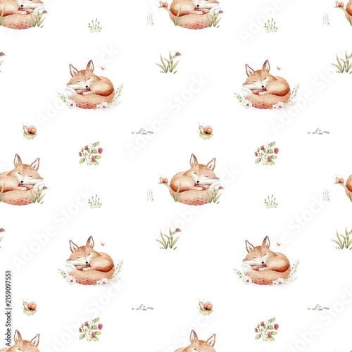 Watercolor seamless pattern of cute sleeping baby fox animal. Woodland nursery deer illustration for children wallpaper, textile and fabric pattern. watercolour forest drawing 