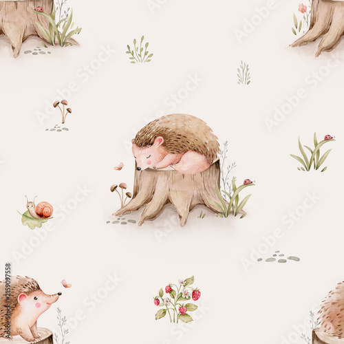 Watercolor seamless pattern of cute sleeping baby hedgehog animal. Woodland nursery illustration for children wallpaper, textile and fabric pattern. watercolour forest 