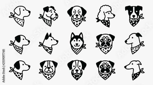 Set of 15 minimalist black and white dog head icons wearing patterned bandanas including breeds like pug husky poodle and terrier isolated on white background vector illustration.