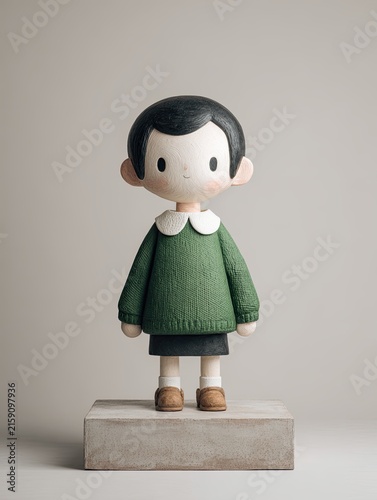 Whimsical Boy Sculpture with Green Sweater and Round Face