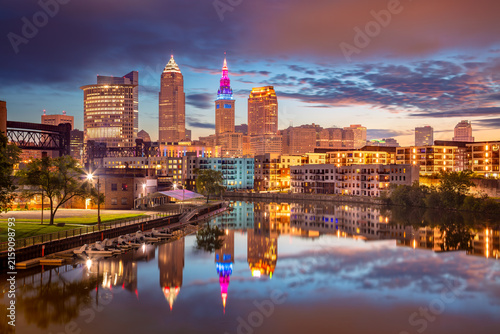 Cleveland, Ohio, USA. Cityscape image of Cleveland, Ohio with reflection of the city skyline in the water at beautiful sunrise.