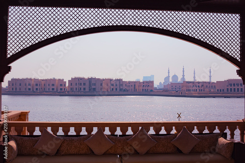 Abu Dhabi coastal shore skyline from an arabian style terrace
