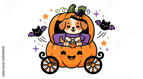 Cute Halloween Dog in Pumpkin Carriage Illustration