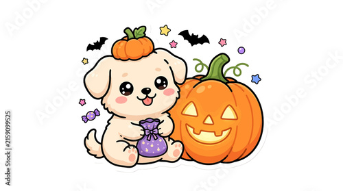 Cute Halloween Puppy with Jack o Lantern Illustration