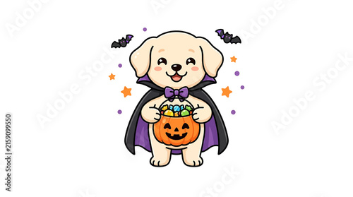 Cute Labrador Puppy in Vampire Costume with Halloween Pumpkin