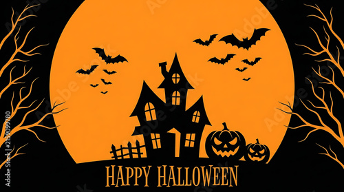 Spooky Halloween Night Background with Pumpkins, Bats, Moon, Haunted House and Autumn Trees in Dark Silhouette Vector Illustration